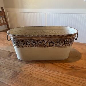 Metal Cream and Brown Floral Basket/Tub